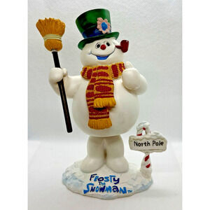 BD&A Frosty the Snowman Bobble Head Nodder 2002 North Pole Sign Yellow/Red Scarf
